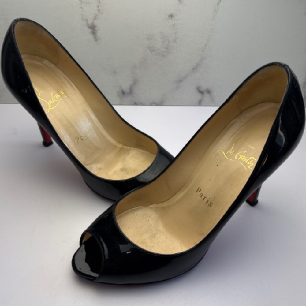 Authentic - Christian Louboutin Black Patent Peep-Toe Heels